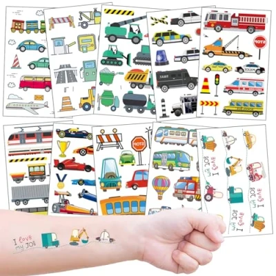 Image of Temporary Tattoos for Kids, 10 Sheets Car Vehicle Transfer Boys as Party Bag Filler, Birthday Gift, Good Behaviour Reward