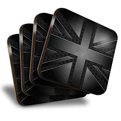 Image of Destination Vinyl ltd Great Coasters (Set of 4) Square BW Grunge Black British Union Jack Flag Drink Glossy Coasters/Tabletop Protection for Any Table Type #43004