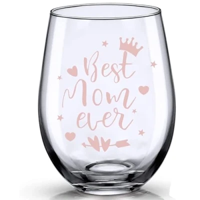 Image of JUWNMANT Printed with Best Mom Ever Mother&#039;s Day Gift Stemless Wine Glass, Christmas Birthday from Son and Daughter to Mother (Best Ever)