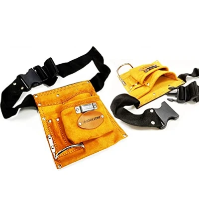 Image of 5 x Pockets Tool ZONE PROFESSIONAL Belt Leather Pouch Builders Construction ECONOMY Work Bag Split Suede Apron Carpentry Nails Holder DIY Garage UK FREE P&amp;P