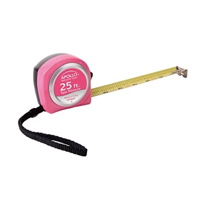 Image of Apollo Tools Measuring Tape, 25 Foot Tape Measure with Retractable Blade, Fraction Markings, 1 Inch Nylon 8 Standout, Lock Button and Belt Clip Pink Ribbon DT5002P