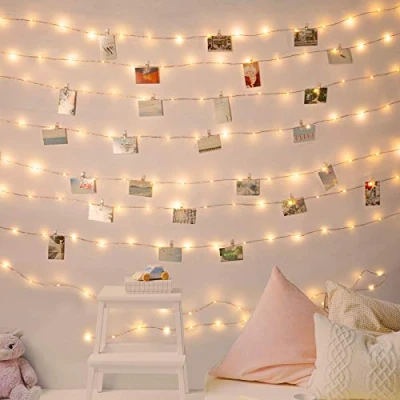 Image of GloBrite 100 LED Photo Clip String Lights 10M Peg Fairy with 60 Clips Battery Powered Aesthetic Room Decor Hanging Frames for Bedroom Wedding Birthday Decoration