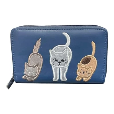 Image of SoBo LEATHER Ladies Purse, Medium Size Purses Featuring Cats, Zipped with Coin and Card Slots (Blue)