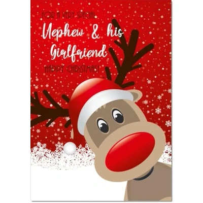 Image of doodlecards Nephew &amp; Girlfriend Christmas Card Rudolph in Snow Medium Size with Plain Red Envelope, 21 x 15cm
