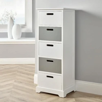 Image of Home Source Chest, Wooden Storage Organiser, White and Grey Tallboy, 5 Drawer, Engineered Wood