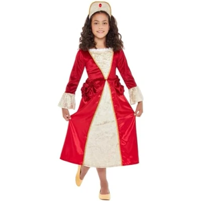 Image of Smiffys Tudor Princess Costume, Red &amp; Gold with Dress Headpiece, Girls Fancy Dress, Up Costumes