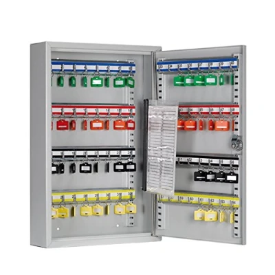 Image of ARREGUI PL060 Key Cabinet Steel Box with 60 Hooks, Adjustable and Numbered Hook Rails List, includes Writeable Fobs, 45 x 30 8 cm, Light Grey