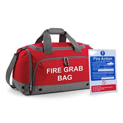 Image of School Evacuation Fire Grab Bag &amp; Action Safety Sign Set Printed Red Emergency Kit Documents 30 Litre Holdall with