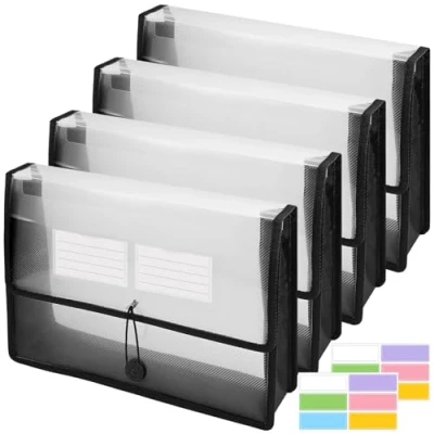 Image of A4 Plastic File Folder, 4 Pack No Divider 6 cm Expansion Organiser, Clear Wallet Envelope Organizer, Expandable Paperwork Folders Without Dividers with Labels &amp; See Through, Snap Button Closure