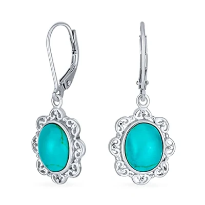 Image of Boho Western Style Filigree Semi Precious Stabilized Blue Turquoise Dome Oval Dangle Drops Earrings For Women Lever Back .925 Sterling Silver