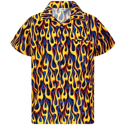 Image of King Kameha Funky Hawaiian Shirt, Men, Shortsleeve, Flames Allover, Yellow Blue, M
