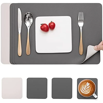 Image of Myir JUN Leather Table Mats and Coasters, Dual Sided Placemats Coasters Waterproof Set of 4 Place Non Slip Washable (Gray White, 4)