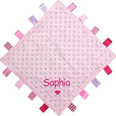Image of Personalised Name Baby Comforter Blanket with Satin Ribbons (Pink Heart)