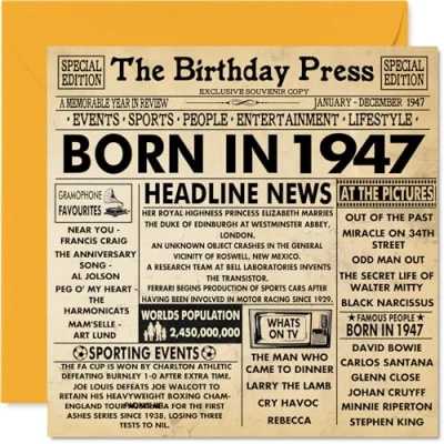 Image of 77th Birthday Cards for Men Women Born In 1947 Newspaper Happy 77 Card Grandad Grandma Nan Vintage Retro Back 1947, 145mm x Seventy Seven Seventh Bday Greeting