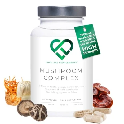 Image of Mushroom Complex by LLS Contains 1000mg Reishi, Chaga, Cordyceps, Lions Mane and Shiitake Mushrooms 120 Capsules 2 Month Supply No Fillers Vegan Love Life Supplements