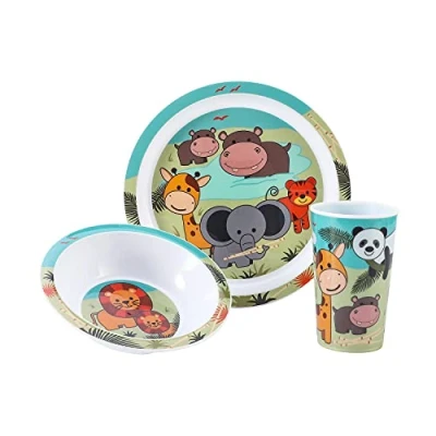 Image of Animal 3Pcs Coloured Dining Set Plate, Bowl and Tumbler Dinnerware for Children, BPA Free