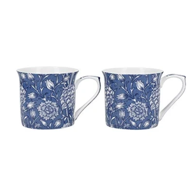 Image of V&amp;A Coffee and Tea Mugs, Porcelain Bone China Mug, William Morris Wild Tulip Design, 300ml, Set of 2, Gift Boxed