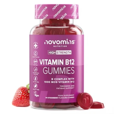 Image of Vitamin B12 Gummies Vegan High Strength 1 Month Supply 1000 MCG Enriched with C, B1, B2, B6, Biotin Made by Novomins…