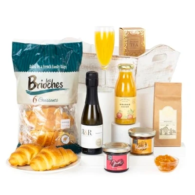 Image of Virginia Hayward Hamper, Breakfast Tray Hampers &amp; Gourmet Gifts with Croissants, Handmade Jams, Coffee, Tea, Juice and Prosecco, Send a Little Love the Perfect Valentines for Her or Him
