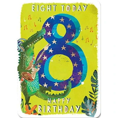 Image of Age 8 Birthday Card (LD GHB304) Eight Today Crocodile with Guitar from The Contemporary Range Foiled Finish