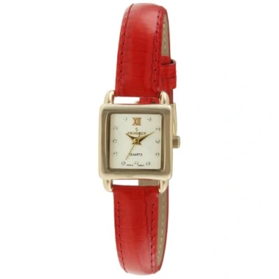 Image of Peugeot Women&#039;s Small Square Case Crystal Marker Genuine Leather Strap Watch, Coral, Small, Petite, Quartz Movement