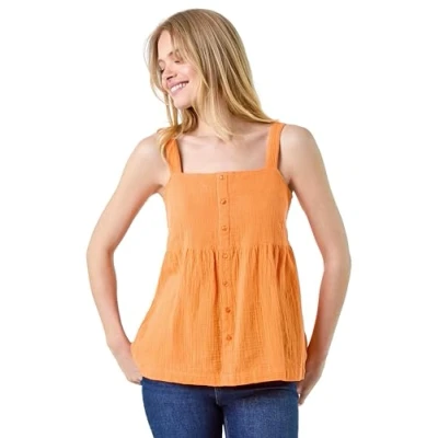 Image of Roman Cotton Button Through Shirred Vest Top for Women UK Ladies Spring Everyday Summer Holiday Square Neckline Comfy Sleeveless Soft Peplum Shape Shirt Lightweight Blouses Orange Size 10