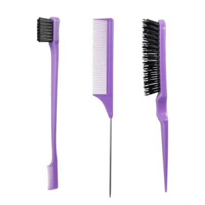 Image of 3 Pcs Slick Back Hair Brush Set with Edge Brush, Set, Combing Brushes, Bristle Rat Tail Comb, Teasing for Smoothing Baby &amp; Flyaways, Purple