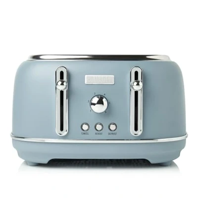 Image of Haden Highclere Blue Toaster 4 Slice Adjustable Browning Control Removable Crumb Trays Easy To Clean Cord Storage Stainless Steel Coated Housing
