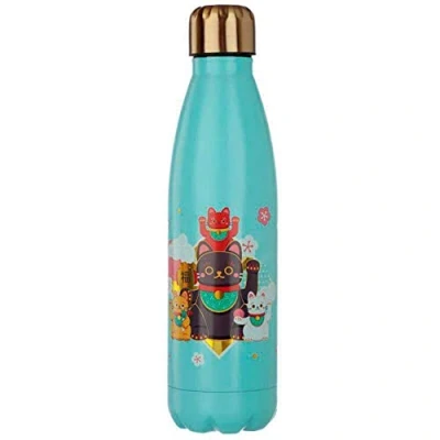 Image of Puckator 500ml Stainless Steel Insulated Bottle for Hot or Cold Drinks Maneki Neko Lucky Cat BOT88, Blue