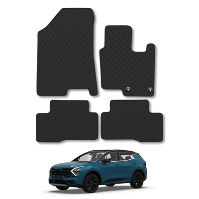 Image of Rubber Car Mats Compatible with Kia Sportage (2022 ) [Hybrid] Ampi Tailored Fit Floor Set Accessory Black Custom 4 Pieces Clips Anti Slip Backing, Heavy Duty &amp; Waterproof