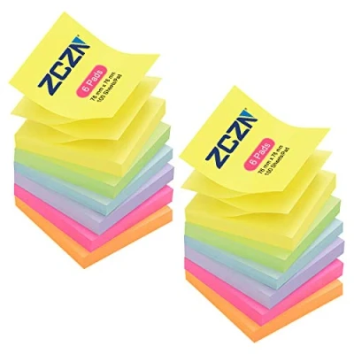 Image of ZCZN Pop up Sticky Notes 76 x mm, 12 Pads Assorted Colours Self Stick Z Notes, 100 Sheets/Pad, (Yellow,Light Green,Light Purple,Rose Red,Orange,Light Blue)