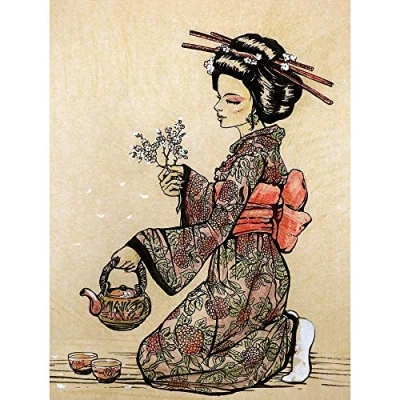 Image of Wee Blue Coo Tea Ceremony Japanese Geisha Teapot Cherry Blossom Art Print Poster Wall Decor 12X16 Inch