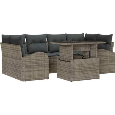 Image of vidaXL 7 Piece Garden Sofa Set with Cushions Grey Poly Rattan
