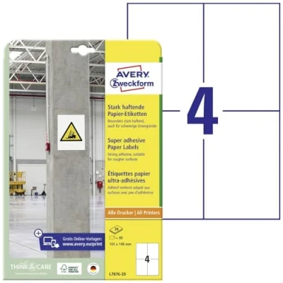 Image of AVERY Zweckform L7876 20 Strong Adhesive Labels (80 Stickers, 105 x 148 mm on A4, Extremely Self Adhesive, Even for Difficult Surfaces, Printable Power Labels), Sheets, White