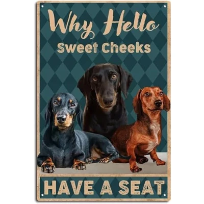Image of Metal Tin Signs Funny Dachshund Bathroom Signs, Love Dog Hello Cheeks Have A Seat, Decor Vintage Art 8X12inch