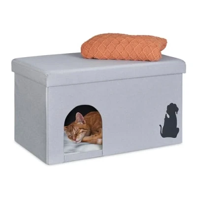 Image of Relaxdays Cat Cave, 100kg Capacity Bench, Lid, Seat Cushion, HWD: 40.5 x 72 cm, Foldable Pet Den, Grey, Stainless steel, 37 28 28.5 cm