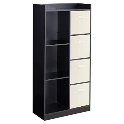 Image of URBNLIVING Tall Wooden 7 Cube Bookcase Shelving Display Storage Unit Cabinet Shelves New (Black Bookcase) (Cream Drawer)