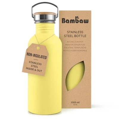 Image of Bambaw Stainless Steel Water Bottle 1l, Yellow Bottle, Non Insulated Metal BPA Free Leak Proof Reusable Beam