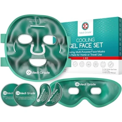 Image of Medi Grade Cooling Face Mask set with Eye for Puffy Eyes and Insulated Thermo bag Soothing Gel Ice Dark Circles Puffiness Cold Relaxation