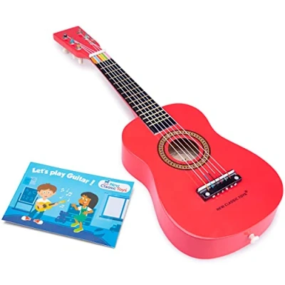 Image of New Classic Toys 10341 Wooden Guitar Toy for Toddlers 3 Boys and Girls Baby Gifts, Kids Musical Instruments Childrens Three Year Old Inclusive Musicbook, Red, 10345