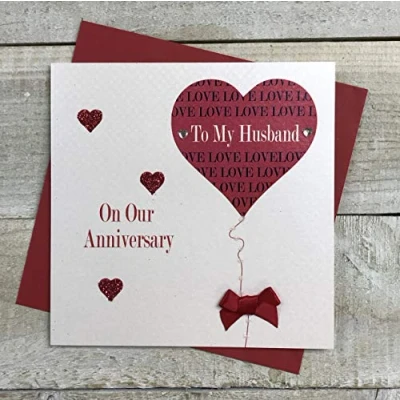 Image of White Cotton Cards Husband Anniversary Handmade Card with Heart and Balloon, White, PD90