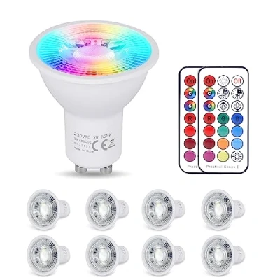 Image of YAYZA! GU10 Colour Changing Bulbs 5W, Dimmable RGB LED Spotlights with Warm White 3000K Spot Lights, AC Mains Energy Saving Smart Remote Controls, 12 Colors, 5 Model, Timer, 8 Pack