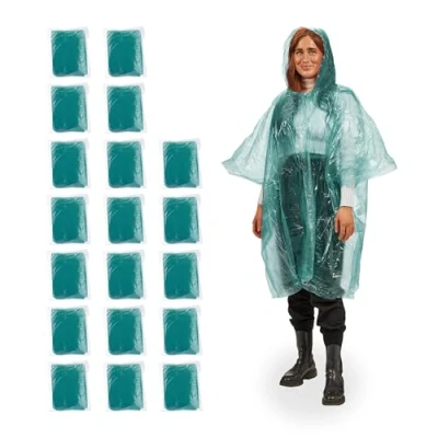 Image of Relaxdays Set of 20 Rain Ponchos, Green, 123 x 125 0.01 cm