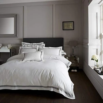 Image of EHD Devore Embroidered Border Designer Style Luxury Duvet Cover Sets Hotel Quality Reversible Bedding (White With Black Border, King)