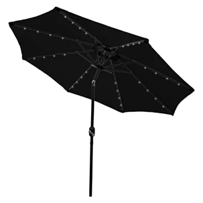 Image of LED Tilt Parasol 2.7m Black Umbrella Garden Sun Shade 32 Solar Power Cool White Lights Adjustable 360 Rotation UV Protection Canopy Patio Outdoor Winding Crank 5.5kg FREE Waterproof Rain Cover