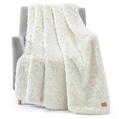 Image of UGG 25517 Amanda Reversible Throw Blanket Flannel Plush Warm Cuddly Cozy Furry Luxurious Soft Blankets for Couch or Bed, 70 x 50 inch, Snow