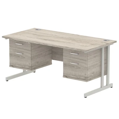 Image of Impulse 1600x800 Desk Grey Oak Cantilever Leg + 2x Fixed Pedestal