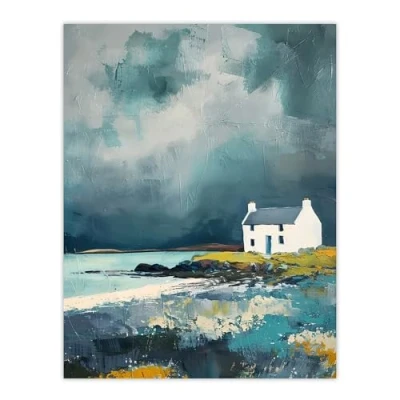 Image of Artery8 Classic Scottish Lochside Cottage Oil Painting Living Room Large Wall Art Poster Print Thick Paper 18X24 Inch