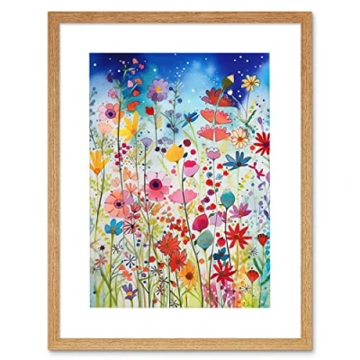 Image of Artery8 Summer Wildflower Meadow Folk Art Artwork Framed Wall Print 12X16 Inch