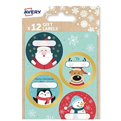 Image of Avery Festive Label Pack with Father Christmas/Santa Design 12 PCS Gift Stickers, Premium Christmas Name Labels and Wrap Decoration.